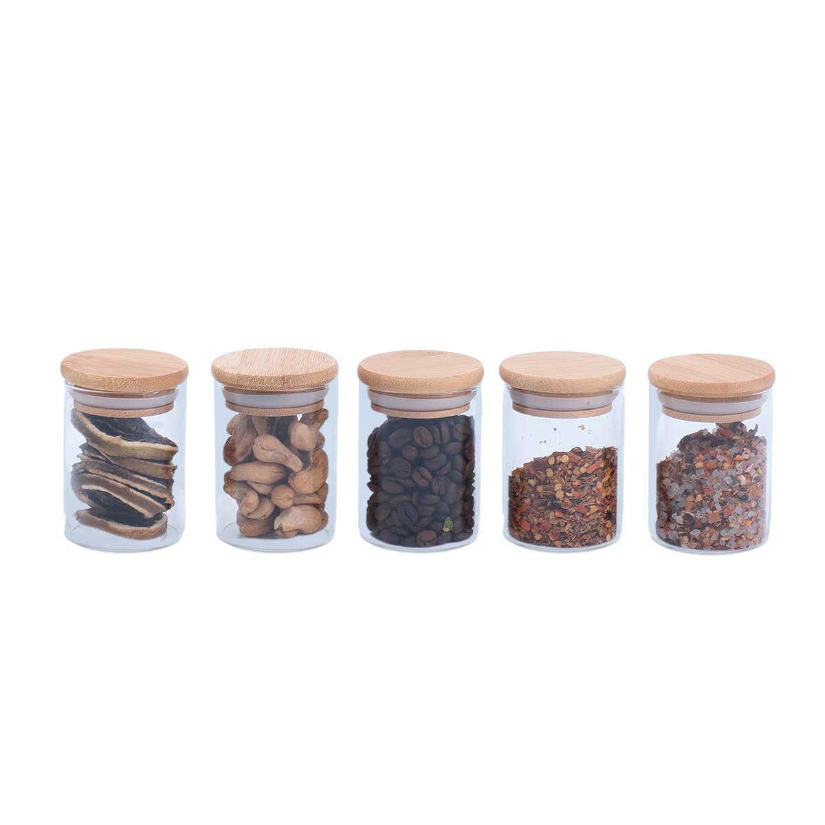 Full Kit 5 potes de vidro com tampa de bambu hermeticos